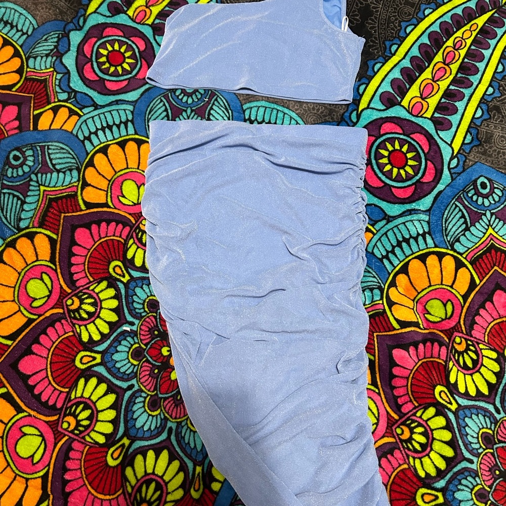 Light Blue One-Shoulder Top and Skirt Set